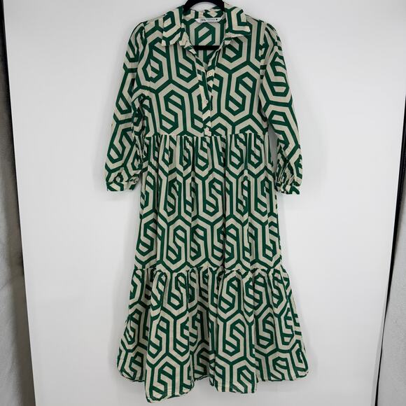 Zara Dresses & Skirts - Zara Karen Tiered Midi Dress Geometric Print White Green Womens US XS